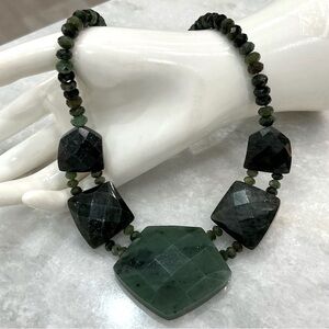 Sterling Silver Dark Green Nephrite Jade Bold Statement Necklace